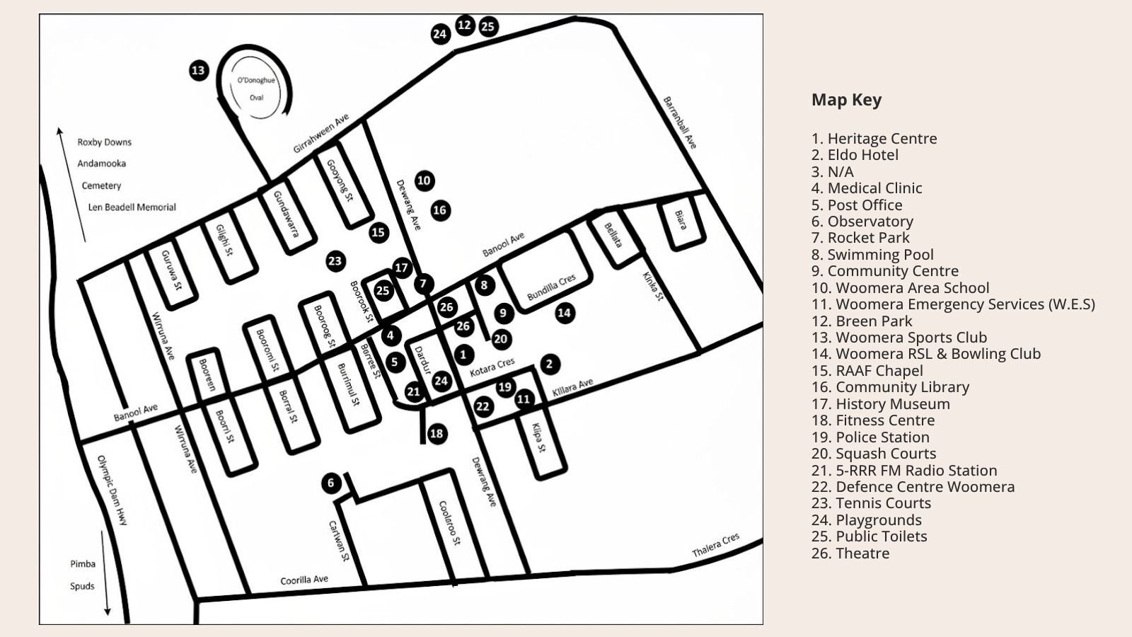 Heading 1.Heritage Centre 2.Eldo Hotel 3. NA 4.Medical Clinic 5.Post Office 6.Observatory 7.Rocket Park 8.Swimming Pool 9.Community Centre 10.Woomera Area School 11.Woomera Emergency Services (W.E